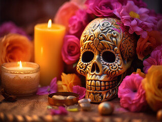 day of the dead, decorated mexucan skull, candle and flowers