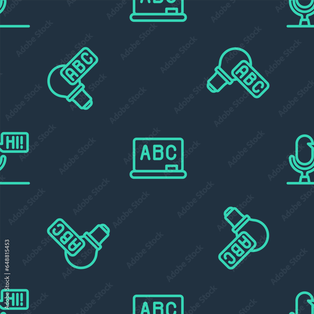Poster set line chalkboard, creative lamp light idea and microphone voice device on seamless pattern. vecto
