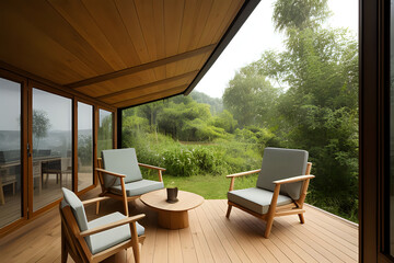 Wooden villa house with armchair on the terrace. Outside view