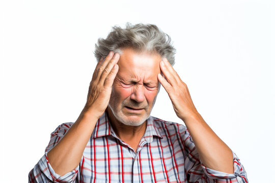 a older adult man with migraine headache holding his head having pain. isolated on white background 