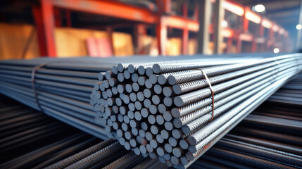 Steel rods for reinforcing concrete in the warehouse