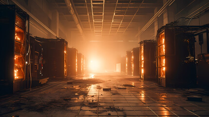 Burning server room or mining farm. Data center supercomputer technology in fire