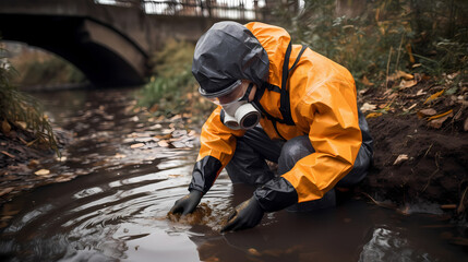 Concept portable water quality measurement. Technician man in full body protective suit collecting sample of river