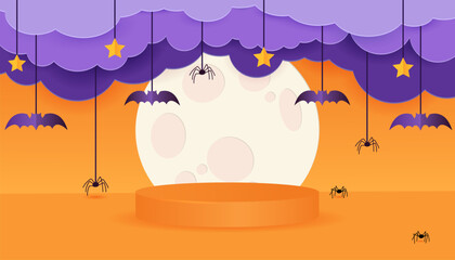 Halloween banner or party invitation background with clouds, big moon, bats and spiders in paper cut style. Orange 3d podium for halloween. Vector illustration.