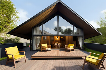 Wooden modern triangular house with armchair on the terrace. Outside view - obrazy, fototapety, plakaty