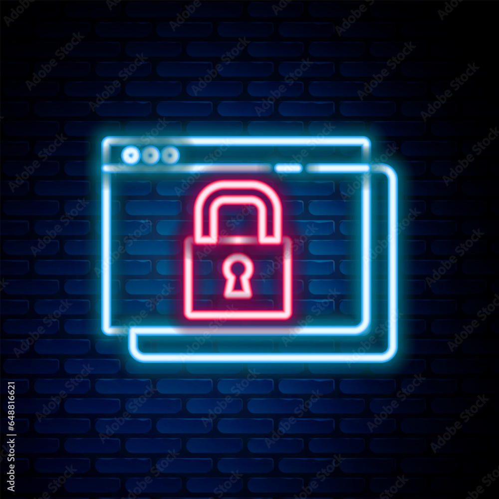 Poster glowing neon line secure your site with https, ssl icon isolated on brick wall background. internet 