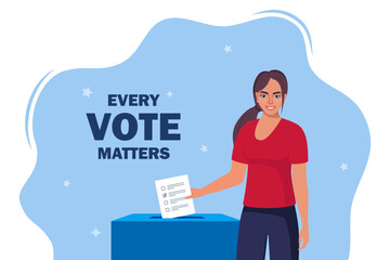 Smiling young woman putting vote paper into Election Box for General Regional or Presidential Election. Vector Illustration.