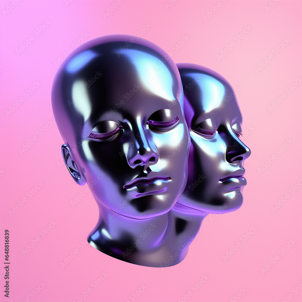 Poster surreal 3d illustration of two сonjoined faces on a pink background. concept of psychological codepe