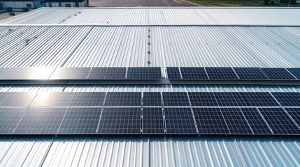 Obraz premium Top view Solar Cell on Warehouse Factory. Solor photo voltaic panels system power or Solar Cell on industrial building roof for producing green ecological electricity. Production of renewable energy.