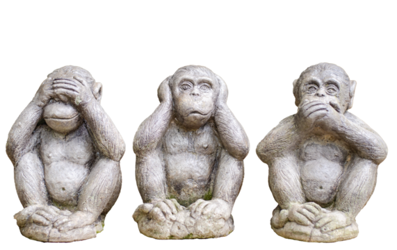Three monkey small statues with the concept of Close your eyes, close your ears, close your mouth. on transparent background