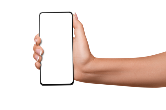 A woman's hand holds a phone with a blank screen. on isolated transparent background