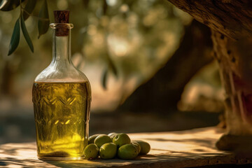 Bottle of extra virgin olive oil, with green olives in the olive grove. Generative AI.