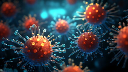 Microscopic virus. Omicron, rhinovirus, HPV infection, HIV, adenovirus, influenza illness virus cells, antibody, bacteriophage.