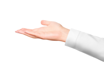A woman's hand in a white medical coat. on isolated transparent background