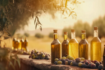 Bottles of extra virgin olive oil, on the ground of the olive grove. Generative AI.