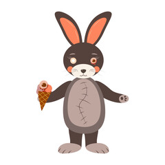 Drawing of Creepy doll. Halloween concept.Vector. One eyed rabbit with ice cream from bloody eyes...