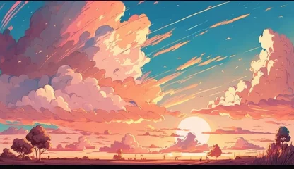  Pastel sunset sky and clouds drawing background, cartoon manga style, AI generated © Nattawat