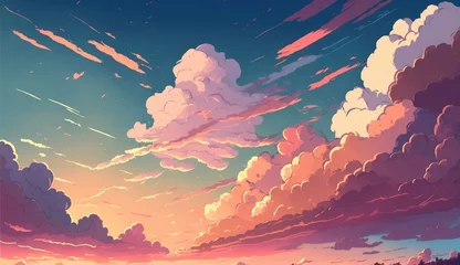Fototapeten Pastel sunset sky and clouds drawing background, cartoon manga style, AI generated © Nattawat