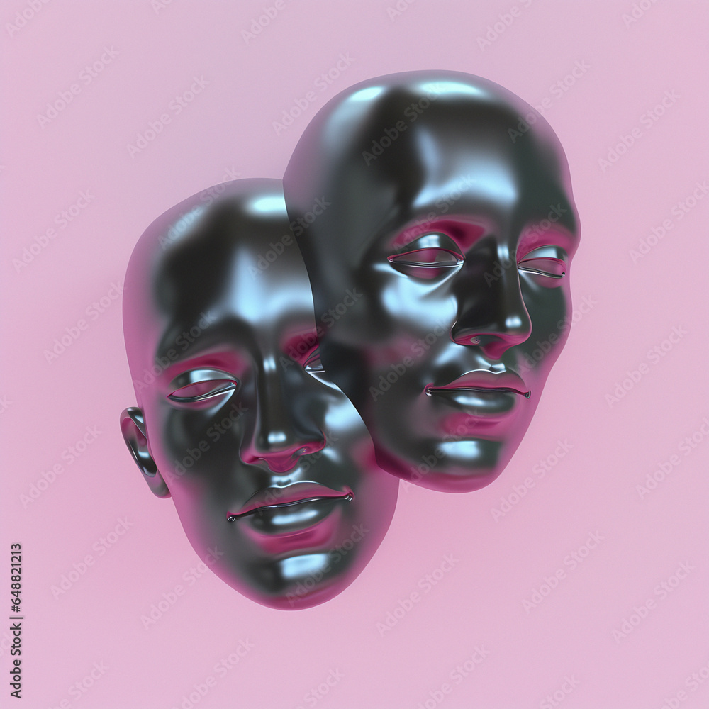 Aufkleber surreal 3d illustration of two сonjoined faces on a pink background. concept of psychological codepe