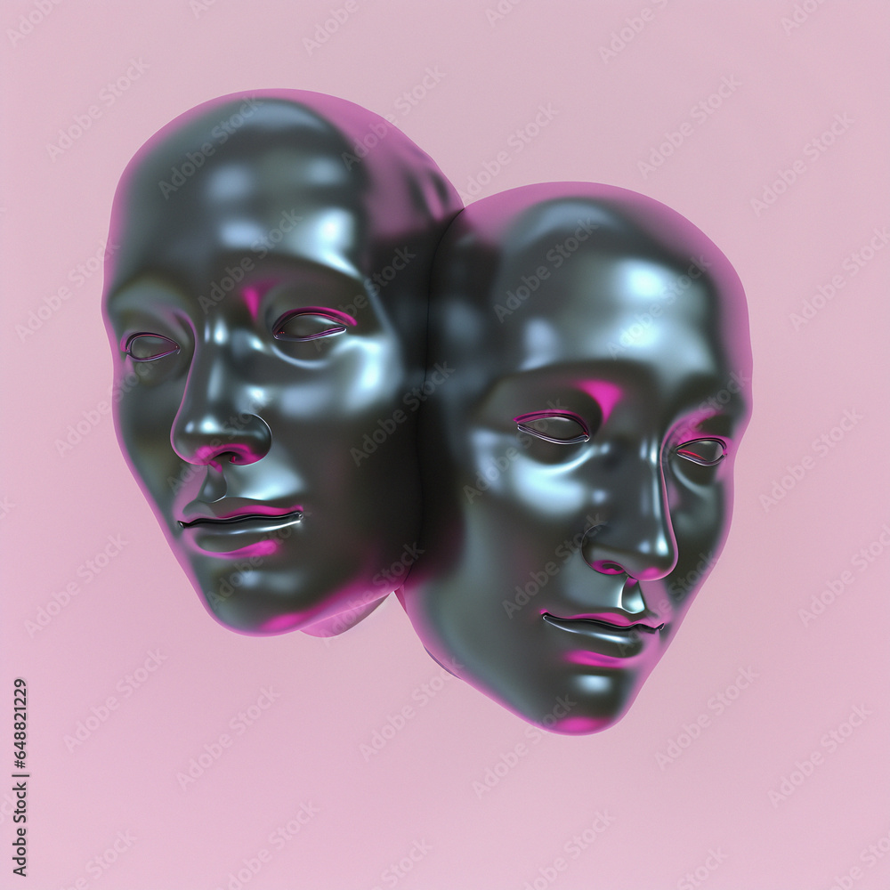 Poster surreal 3d illustration of two сonjoined faces on a pink background. concept of psychological codepe