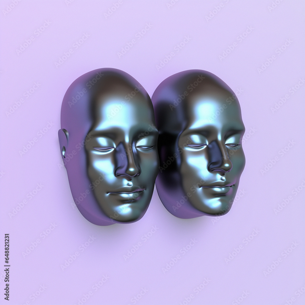 Poster surreal 3d illustration of two сonjoined faces on a pink background. concept of psychological codepe