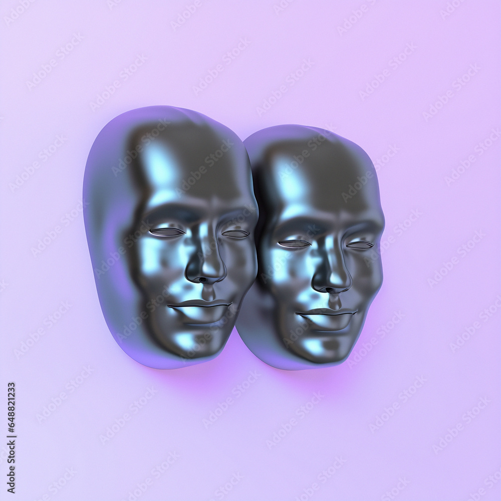 Poster surreal 3d illustration of two сonjoined faces on a pink background. concept of psychological codepe