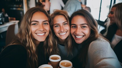 happy friends taking a selfie with coffee cups at a social gathering. generative AI