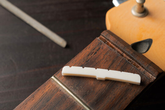 Bone guitar nut resting on a neck