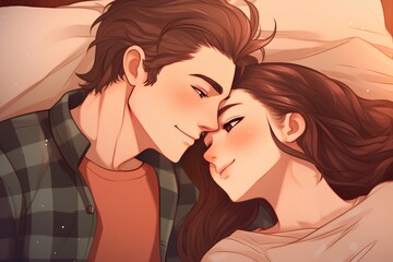 Portrait of a couple man and woman laying on bed, Manga, cartoon drawing, lofi, AI generated