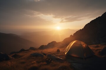Fototapeta na wymiar Tent camping on top of a mountain at sunset, AI generated