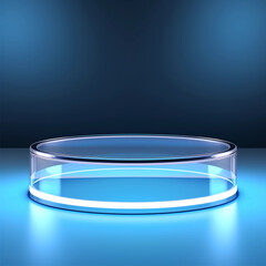 3d glass display stand for products on blue background, Ice podium for advertising, Concept of cooling, beverage and technology, studio lighting, Generative AI.