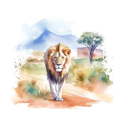 サファリを歩くライオンの水彩イラスト