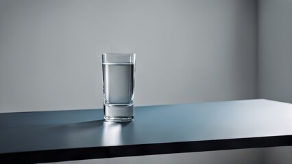A glass of water is placed on a blue surface against a white background.