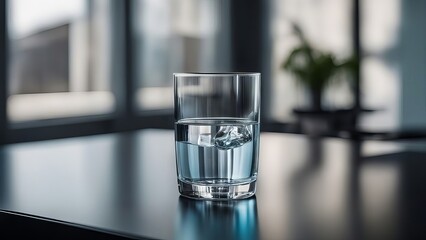 A glass of water with ice sits on a black counter.