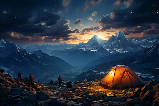 people in the camp tent in mountains,camping concept,starrry sky