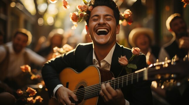Traditional mariachi musicians serenade a couple on their wedding day. Hispanic Heritage Month concept.