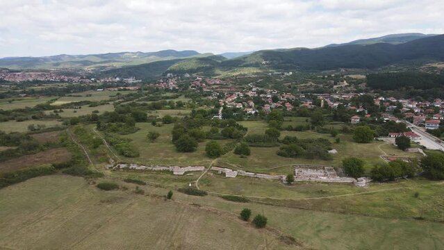 Aerial view of ruins of ancient Roman city Nicopolis ad Nestum near town of Garmen, Blagoevgrad Region, Bulgaria