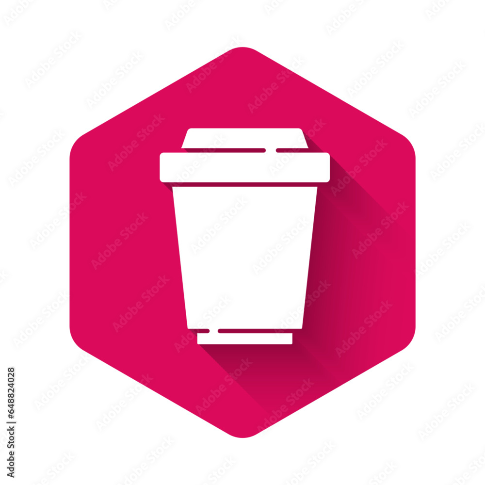 Poster white coffee cup to go icon isolated with long shadow. pink hexagon button. vector