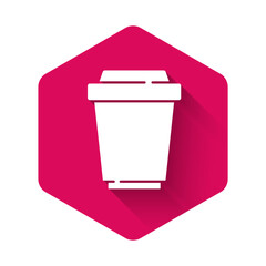 White Coffee cup to go icon isolated with long shadow. Pink hexagon button. Vector