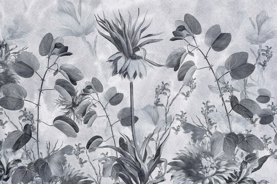 Fototapeta art vintage watercolor floral seamless pattern with monochrome black and grey leaves and grasses on white background.