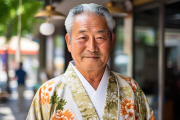 Japanese man in his 70s, wearing a kimono