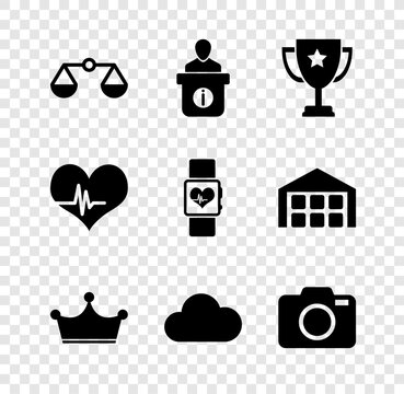 Set Scales of justice, Information desk, Trophy cup, Crown, Cloud and Photo camera icon. Vector