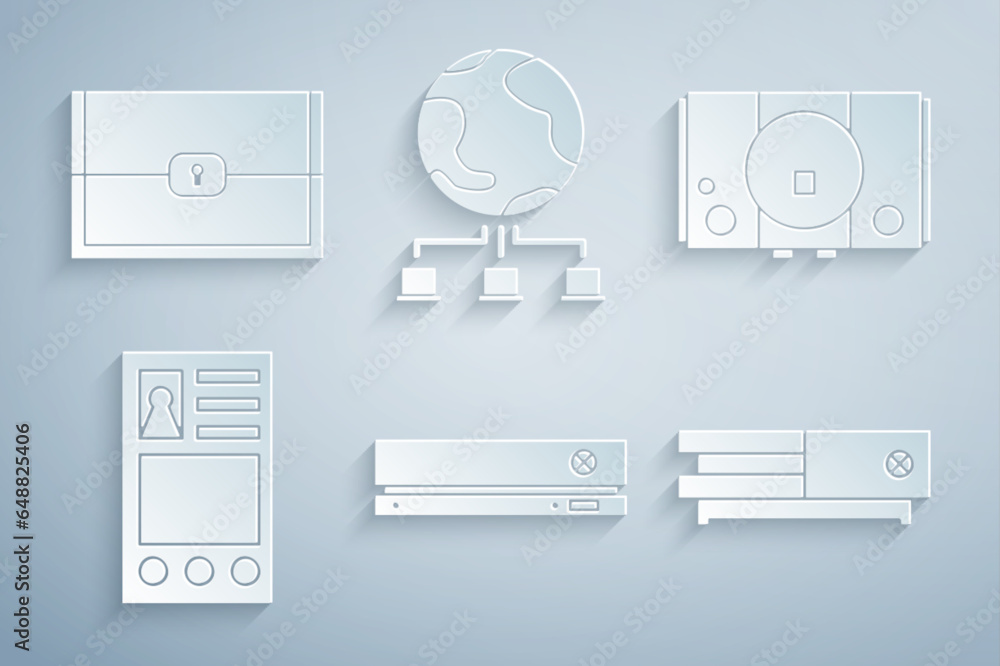 Poster set video game console, create account screen, computer network and chest for icon. vector