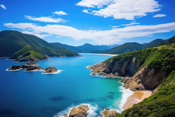 Fototapeta na wymiar A beautiful coastline with deep blue water and lush green mountains, taken from a high vantage point, looking down on the coastline, small sandy beach and rocky cliffs, summer