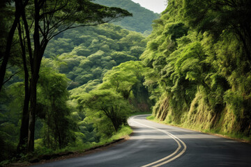 A winding road that cuts through a lush, green forest, yellow line. The trees on either side are tall and majestic, their leaves displaying a variety of shades of green, dense foliage