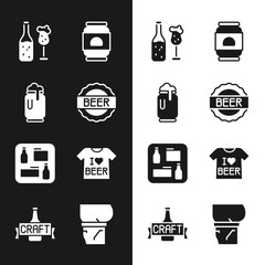 Set Bottle cap with beer, Beer can foam, bottle and glass, menu, T-shirt, belly and icon. Vector
