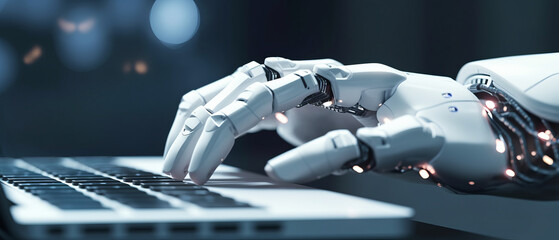 close up hand of white AI robot typing on laptop, working online in office
