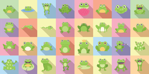 Frog icons set flat vector. Toad water. Catch pet