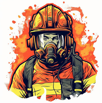 firefighter, tshirt design graphic, vibrant colors, contour, isolated image, on white background, vector
