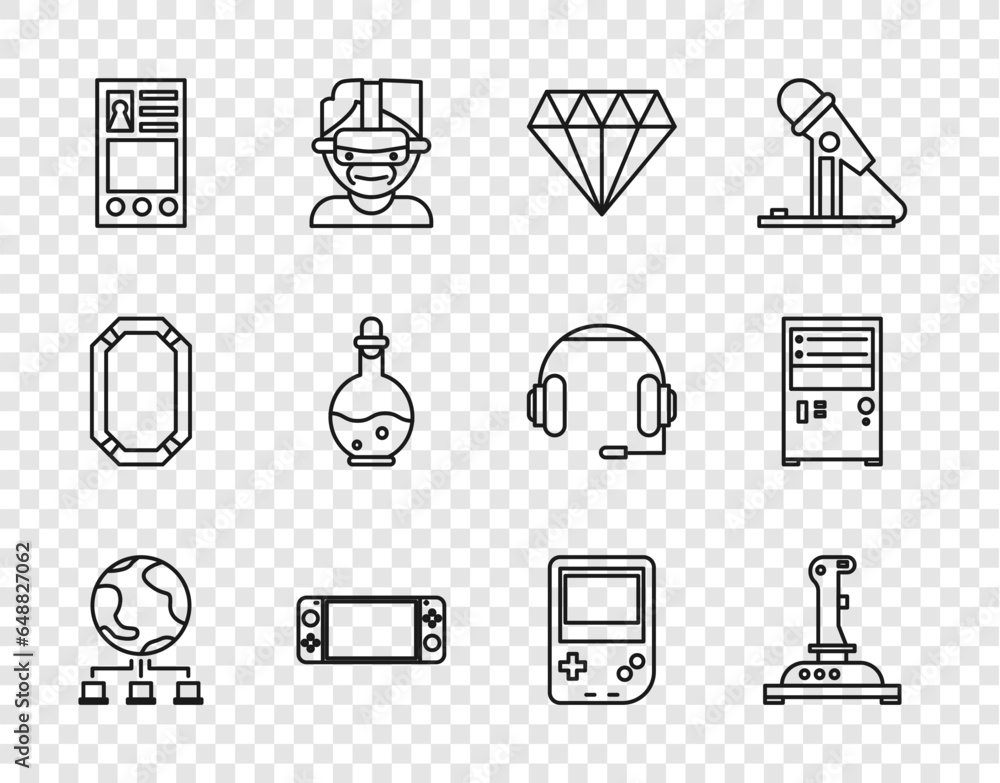 Poster set line computer network, joystick for arcade machine, diamond, portable video game console, create